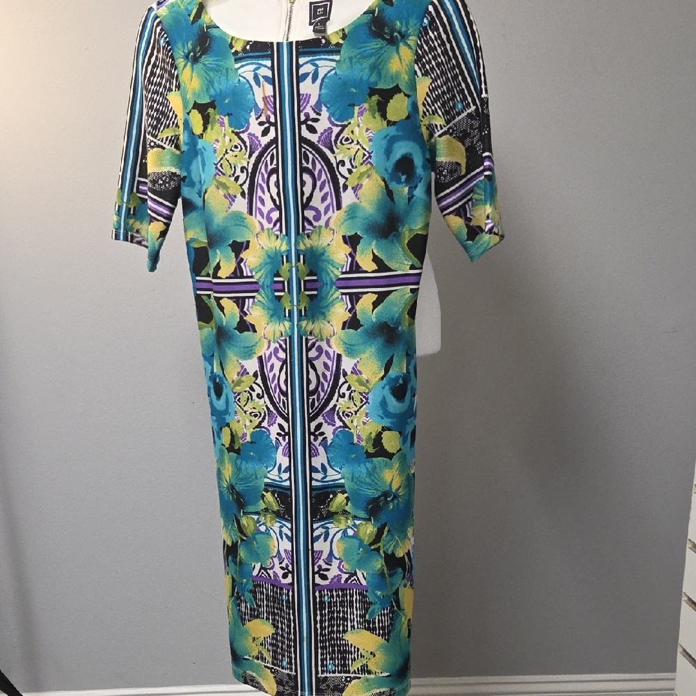 Elegant Blue and Green Sheath Midi Dress with Scoop Neck
